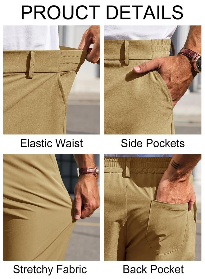 Runcati Mens Stretch Golf Pants Casual Slim Fit Dress Pants Elastic Waist Tapered Work Cropped Trousers Brown - Image 5